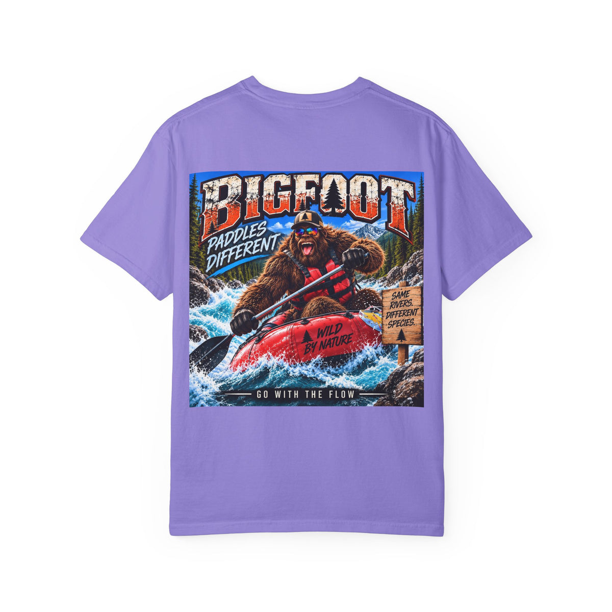 Back Print -  Bigfoot Kayaking Tee | Sasquatch Paddles Different, River Rapids Graphic Shirt