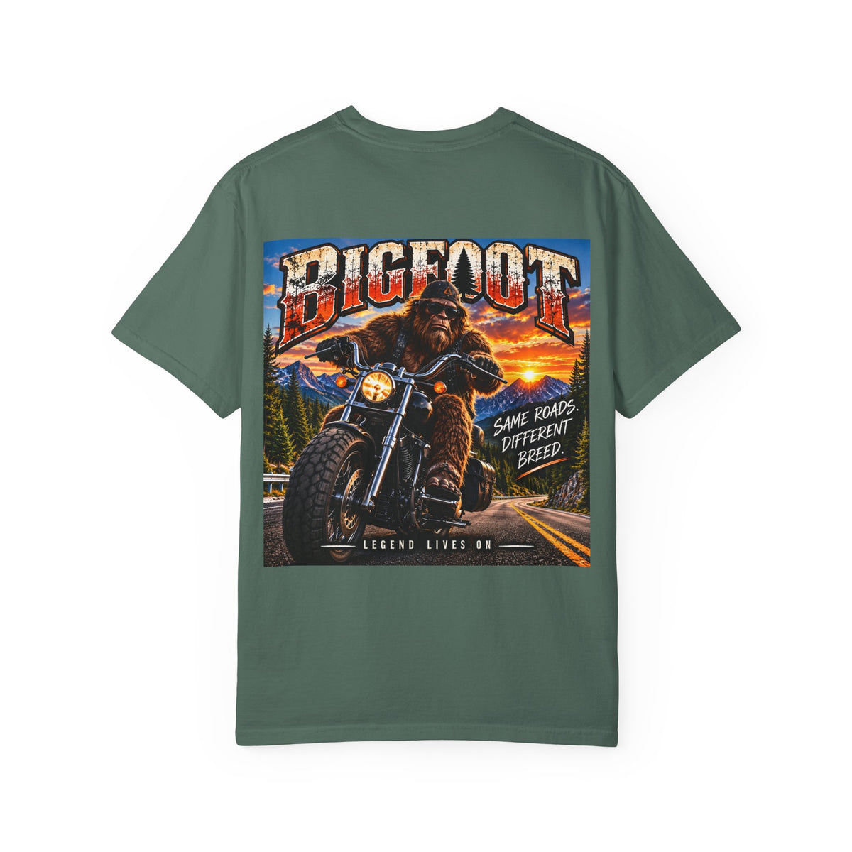 Back Print - Bigfoot Motorcycle Rider T-shirt | Sasquatch Biker Graphic, Retro Sunset