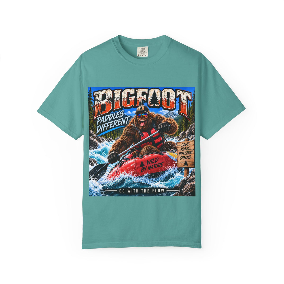 Bigfoot Kayaking Tee | Sasquatch Paddles Different, River Rapids Graphic Shirt