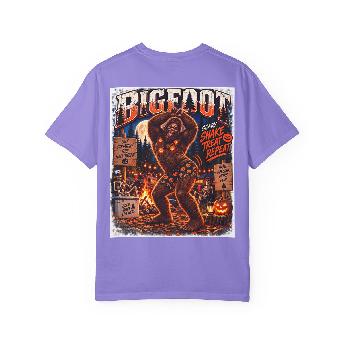Back Print- Bigfoot Halloween Dance Illustration T-Shirt | Spooky Campfire Sasquatch Tee
