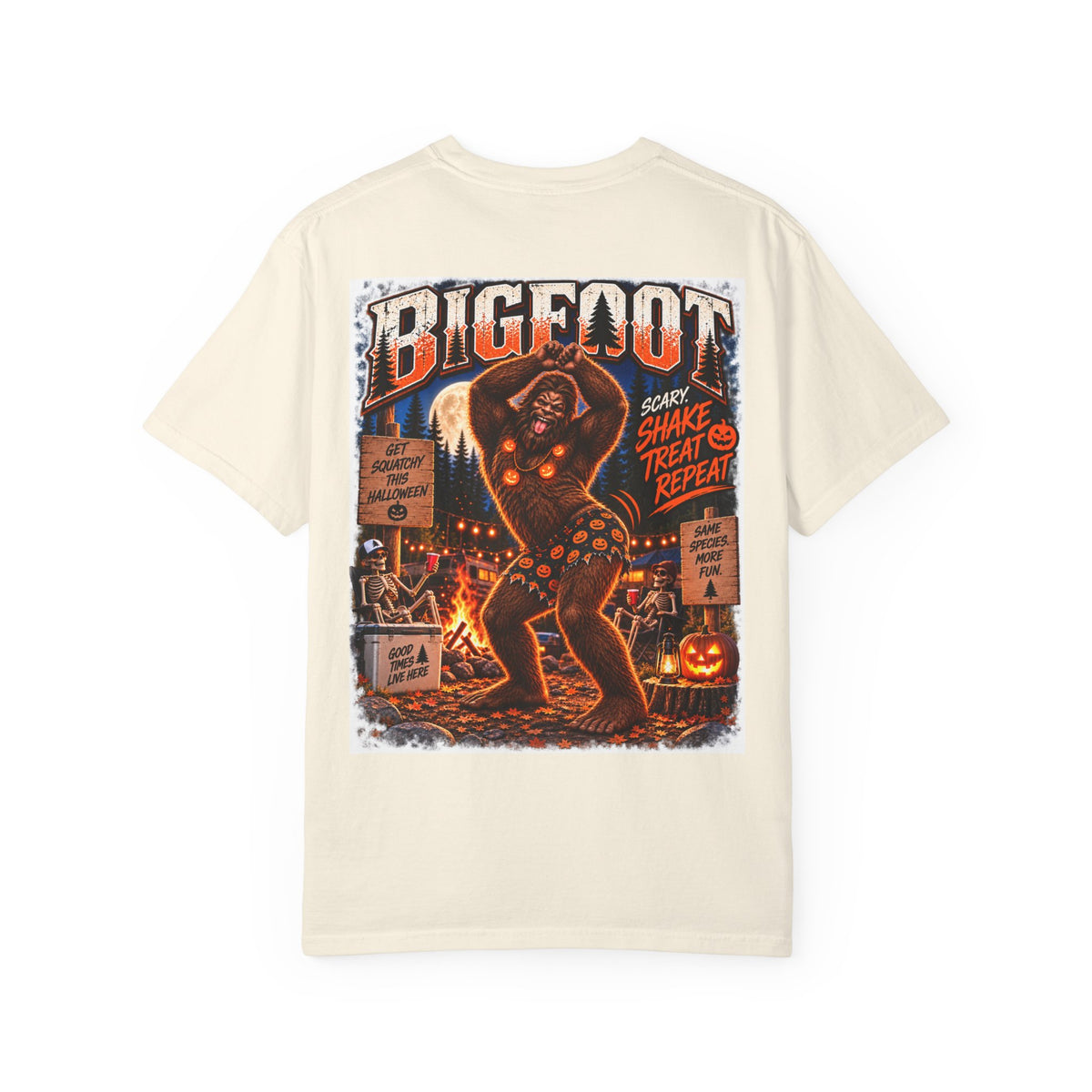 Back Print- Bigfoot Halloween Dance Illustration T-Shirt | Spooky Campfire Sasquatch Tee