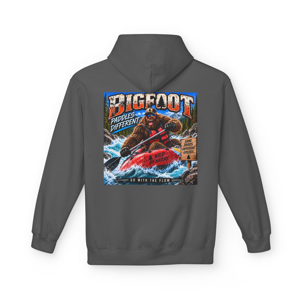 Back Print - Bigfoot River Adventure Hoodie | Sasquatch Retro Poster Design