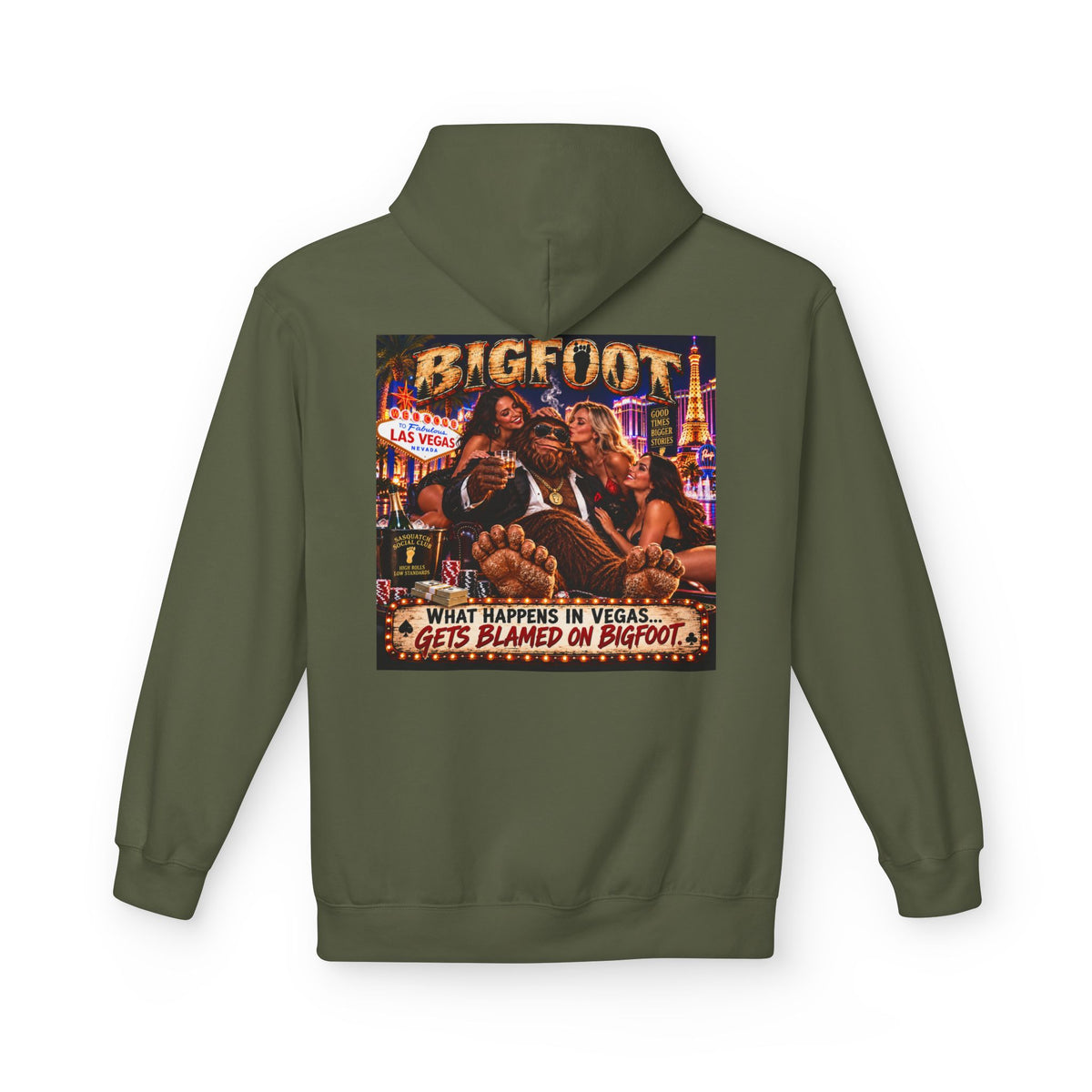 Back Print - Bigfoot Sasquatch Night Out Hoodie | Vintage Cryptid Campfire Design