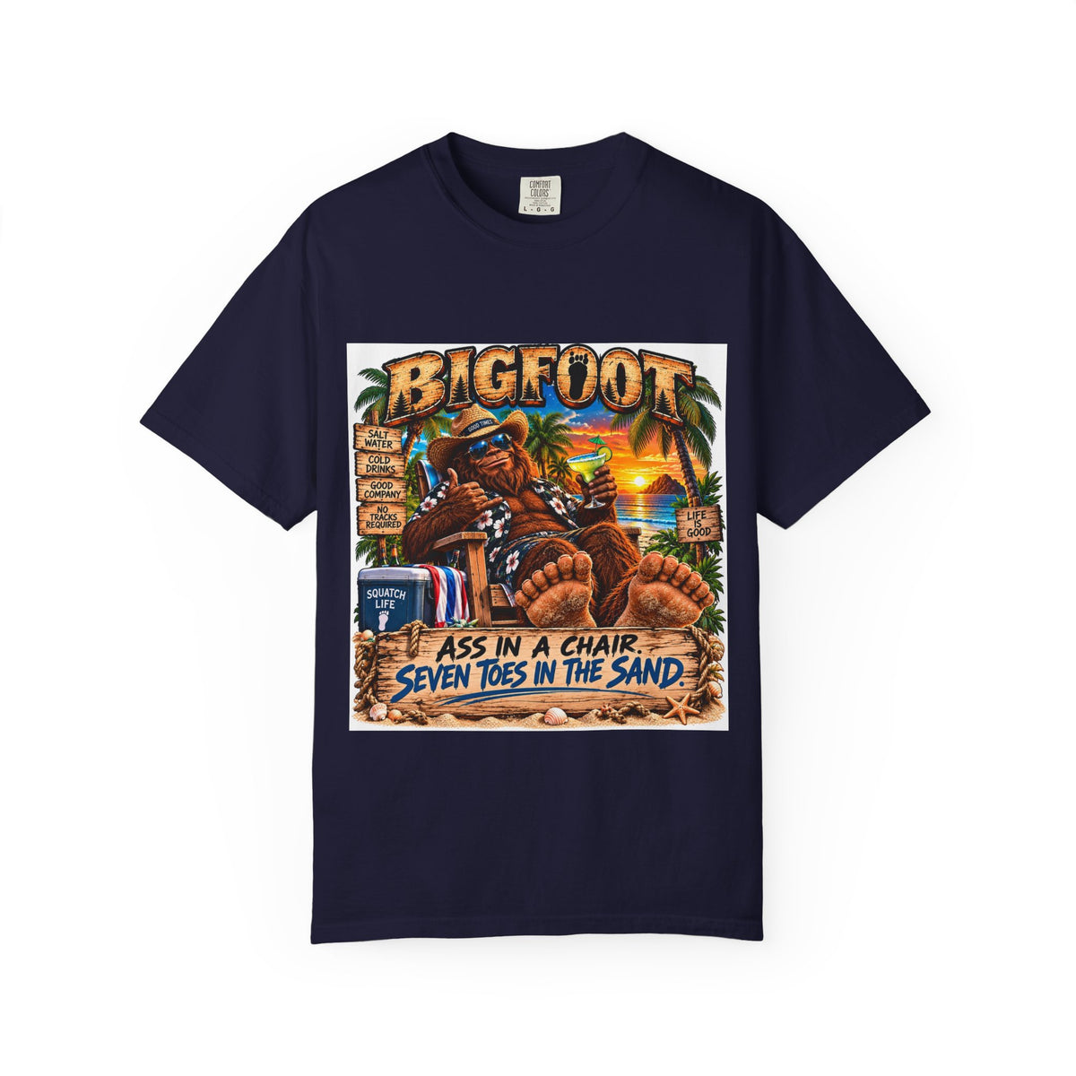 Bigfoot Beach Scene T-shirt | Bigfoot Relaxing in Chair Sunset Graphic