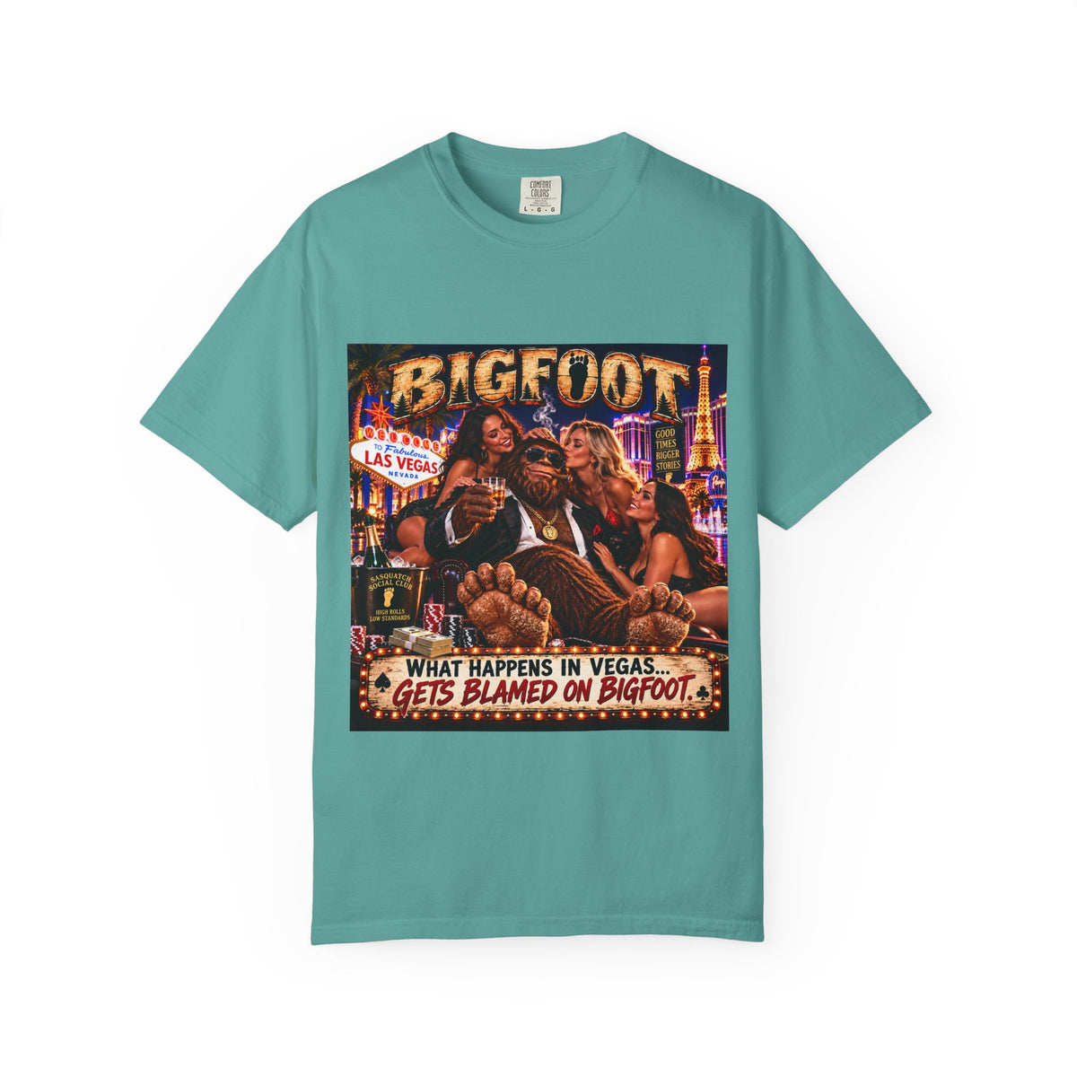 Bigfoot in Las Vegas T-shirt | Retro Casino Scene, 'What Happens in Vegas...'}