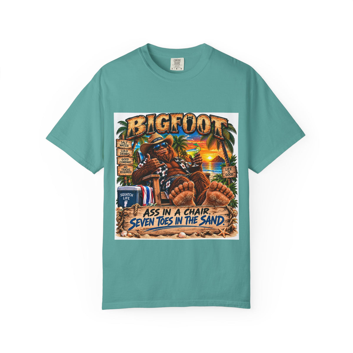 Bigfoot Beach Scene T-shirt | Bigfoot Relaxing in Chair Sunset Graphic