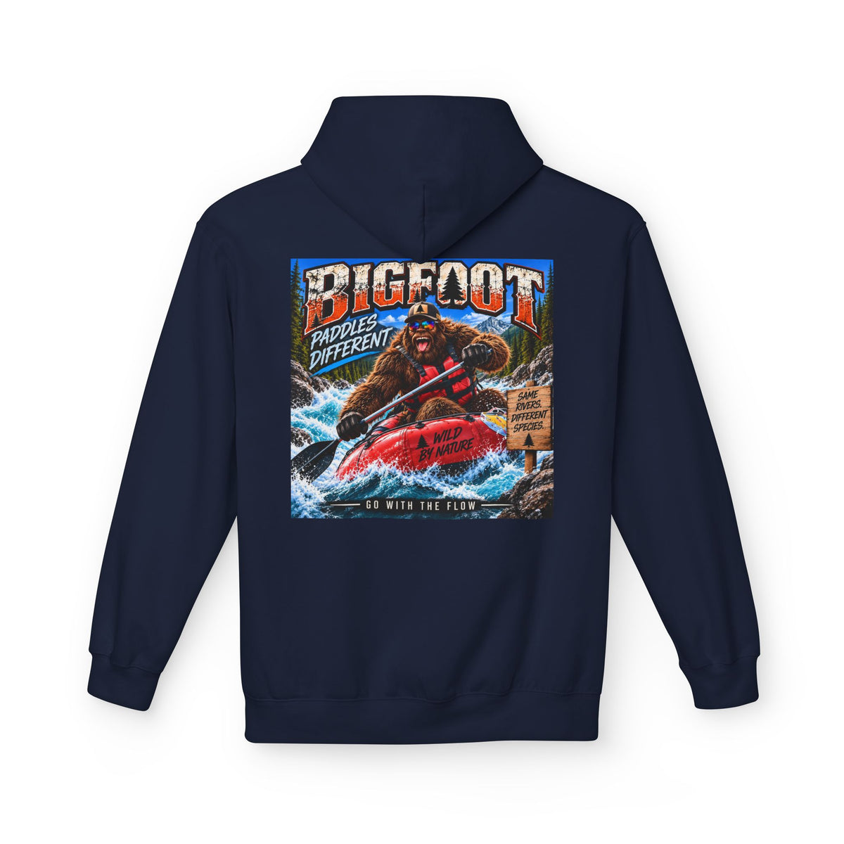 Back Print - Bigfoot River Adventure Hoodie | Sasquatch Retro Poster Design