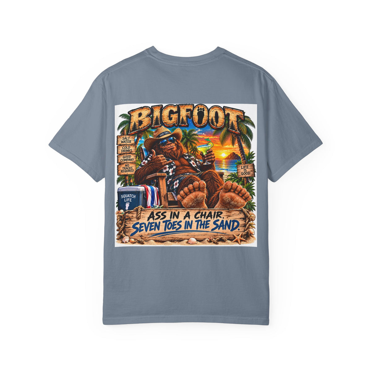Back Print -Bigfoot Beach Scene T-shirt | Bigfoot Relaxing in Chair Sunset Graphic