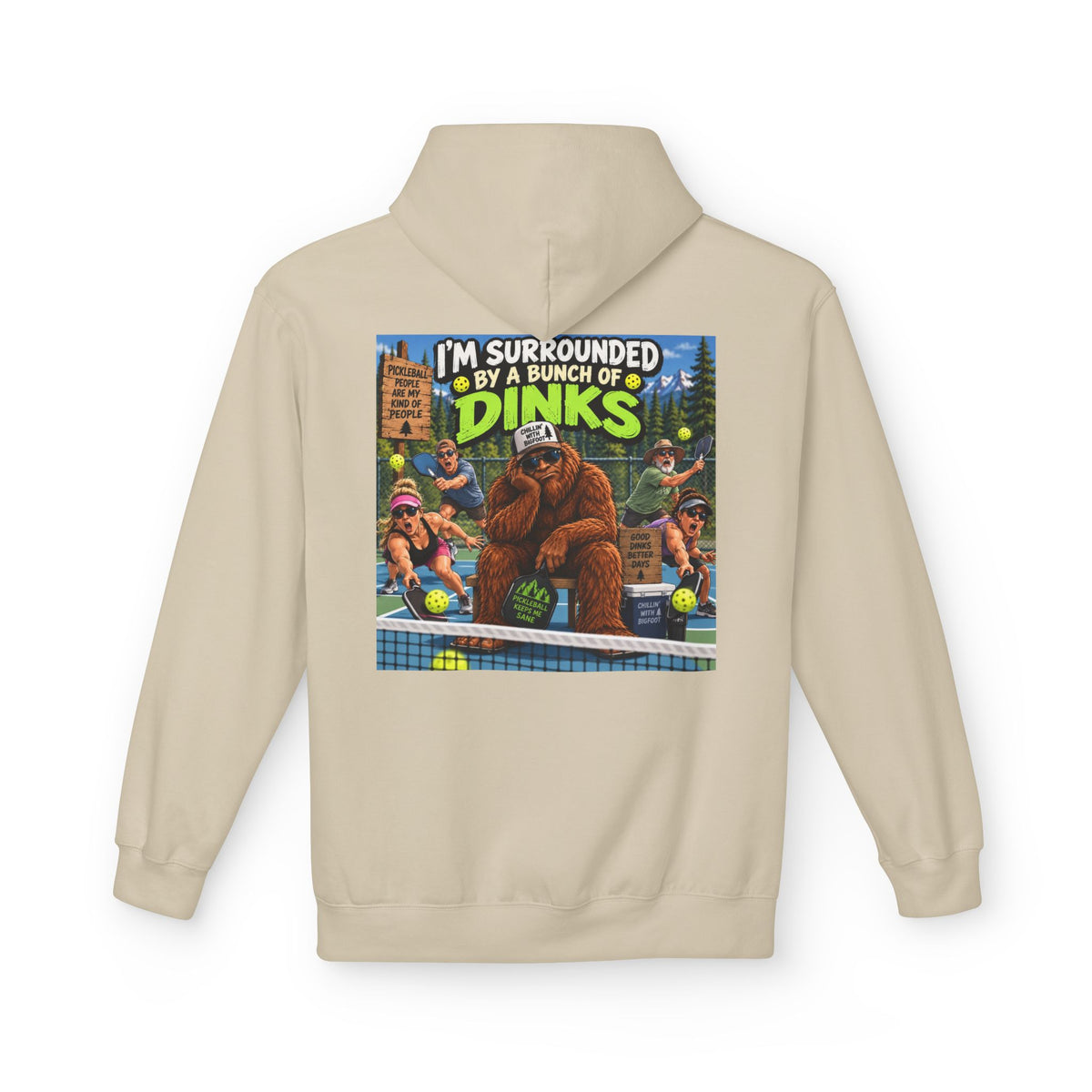 Back Print - I'm Surrounded by Dinos Hoodie | Retro Cartoon Dinosaur Illustration
