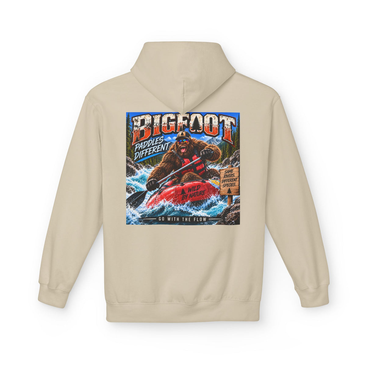 Back Print - Bigfoot River Adventure Hoodie | Sasquatch Retro Poster Design