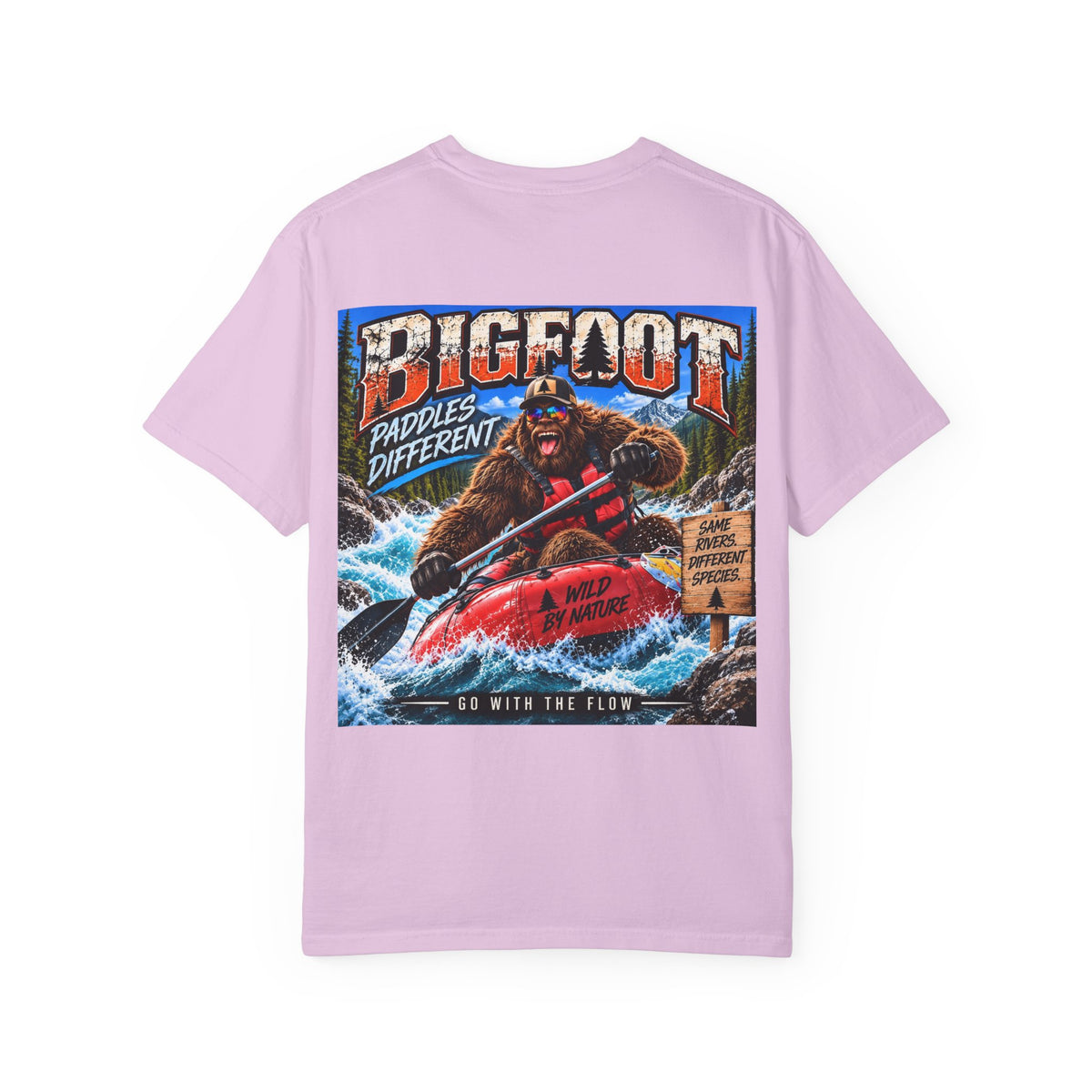 Back Print -  Bigfoot Kayaking Tee | Sasquatch Paddles Different, River Rapids Graphic Shirt