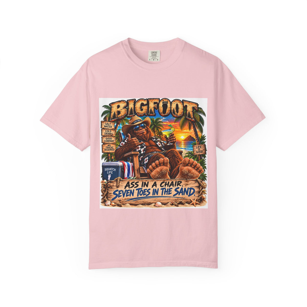 Bigfoot Beach Scene T-shirt | Bigfoot Relaxing in Chair Sunset Graphic