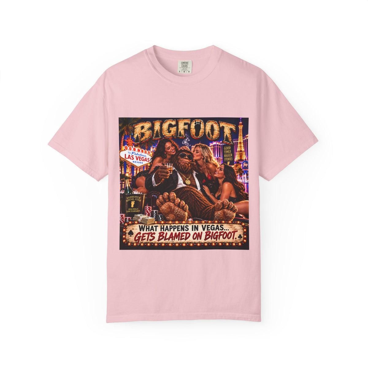 Bigfoot in Las Vegas T-shirt | Retro Casino Scene, 'What Happens in Vegas...'}